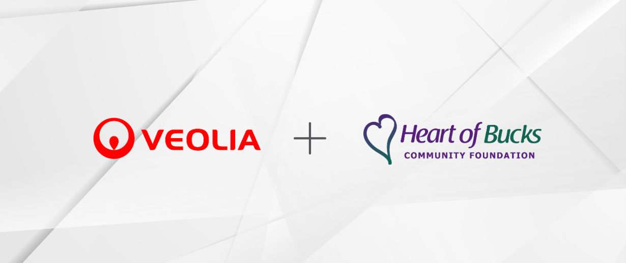 The Veolia logo plus the Heart of Bucks Community Foundation logo on a white corporate background